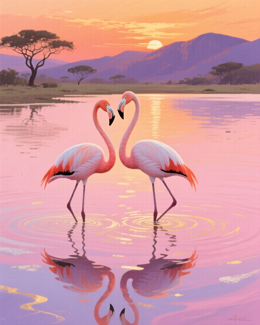 A pair of flamingos wade through the pink-tinged waters of Lake Nakuru, their reflections mirrored perfectly in the still, mineral-rich water at sunset, the moment captured with a sense of calm intimacy despite the wild setting.