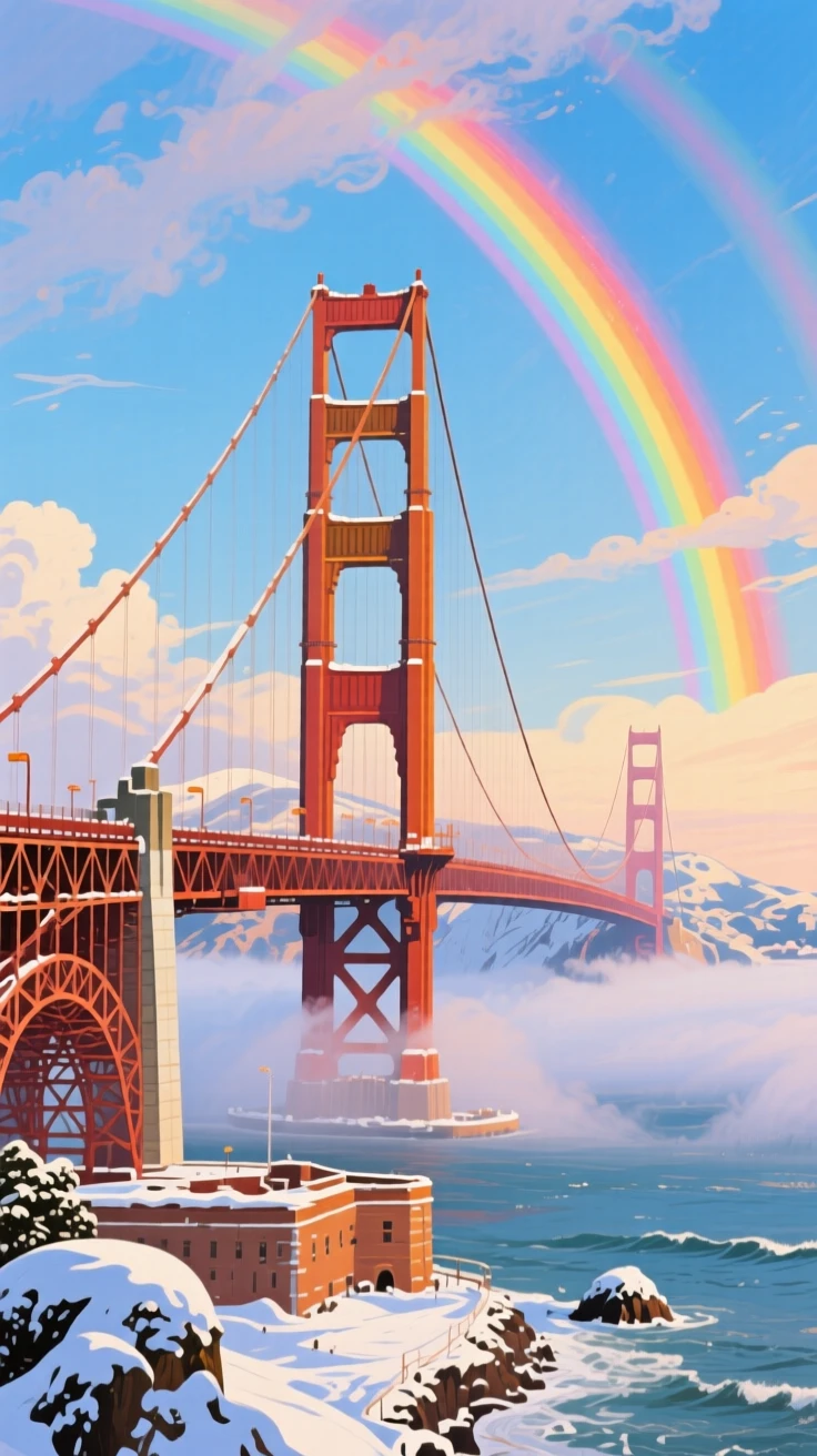 The Golden Gate Bridge emerging from rolling fog, under a rare double rainbow, snow dusting every surface