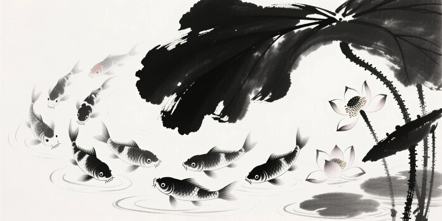 A school of koi swims beneath lotus leaves in a quiet pond, with lotus blossoms floating nearby.