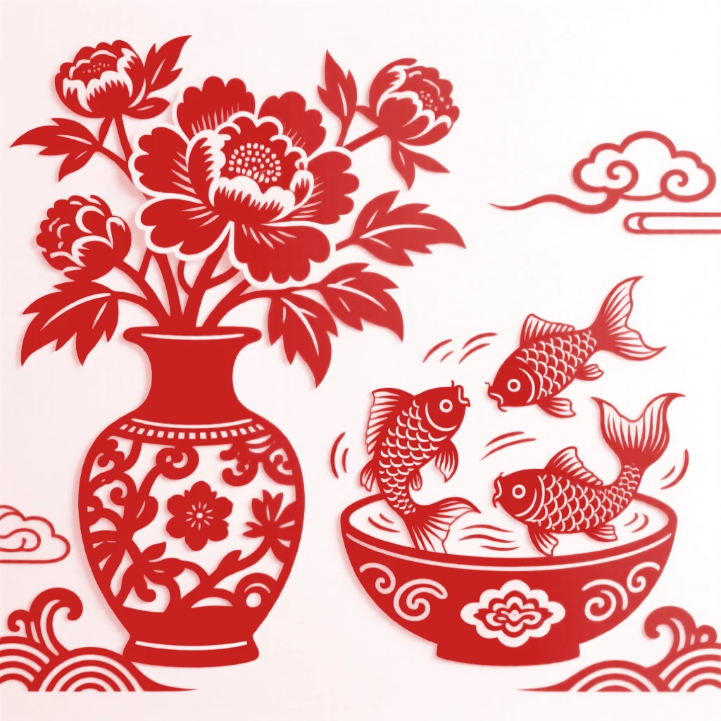 A vase of peonies paired with a bowl of goldfish, symbolizing wealth and abundance living side by side