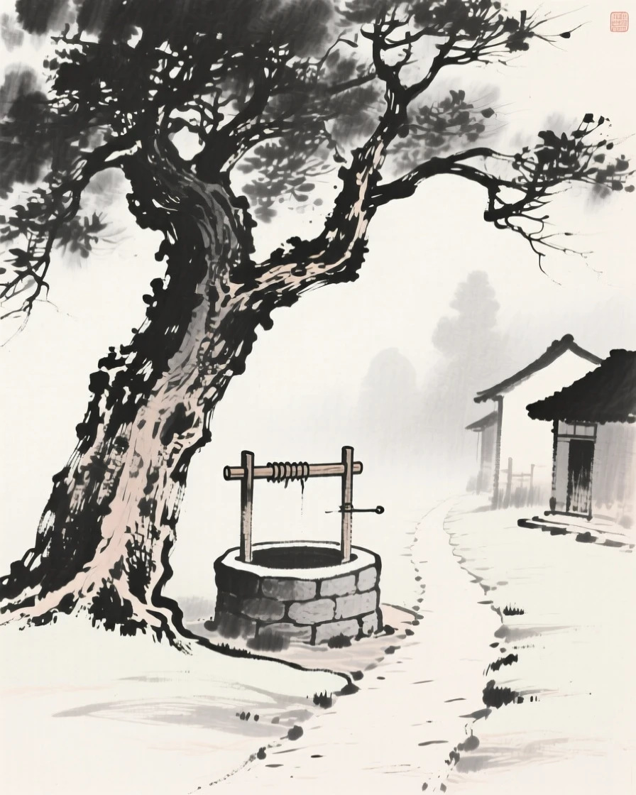 A quiet village well beneath an old tree wrapped in early morning fog, framed symmetrically along a central path, conveying quiet reverence for the past.