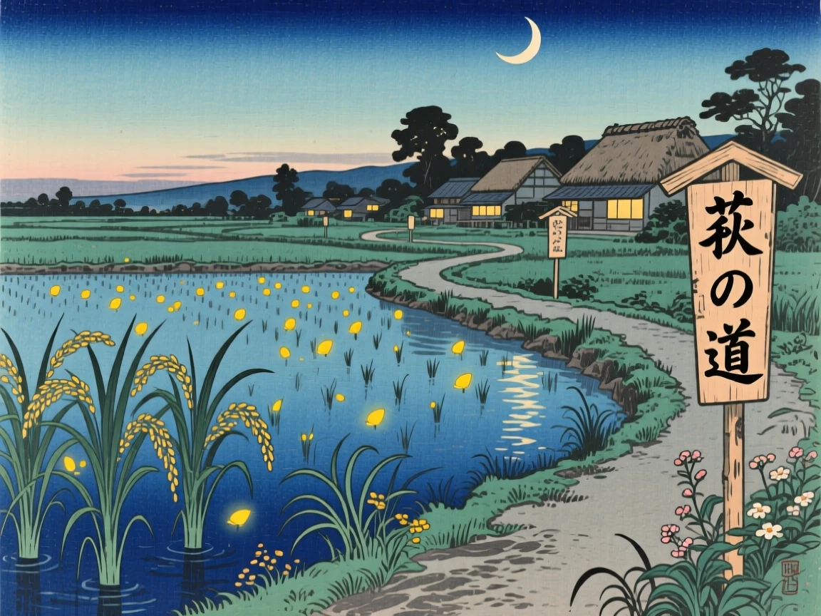 A rice paddy dotted with fireflies at twilight beside a quiet village path.