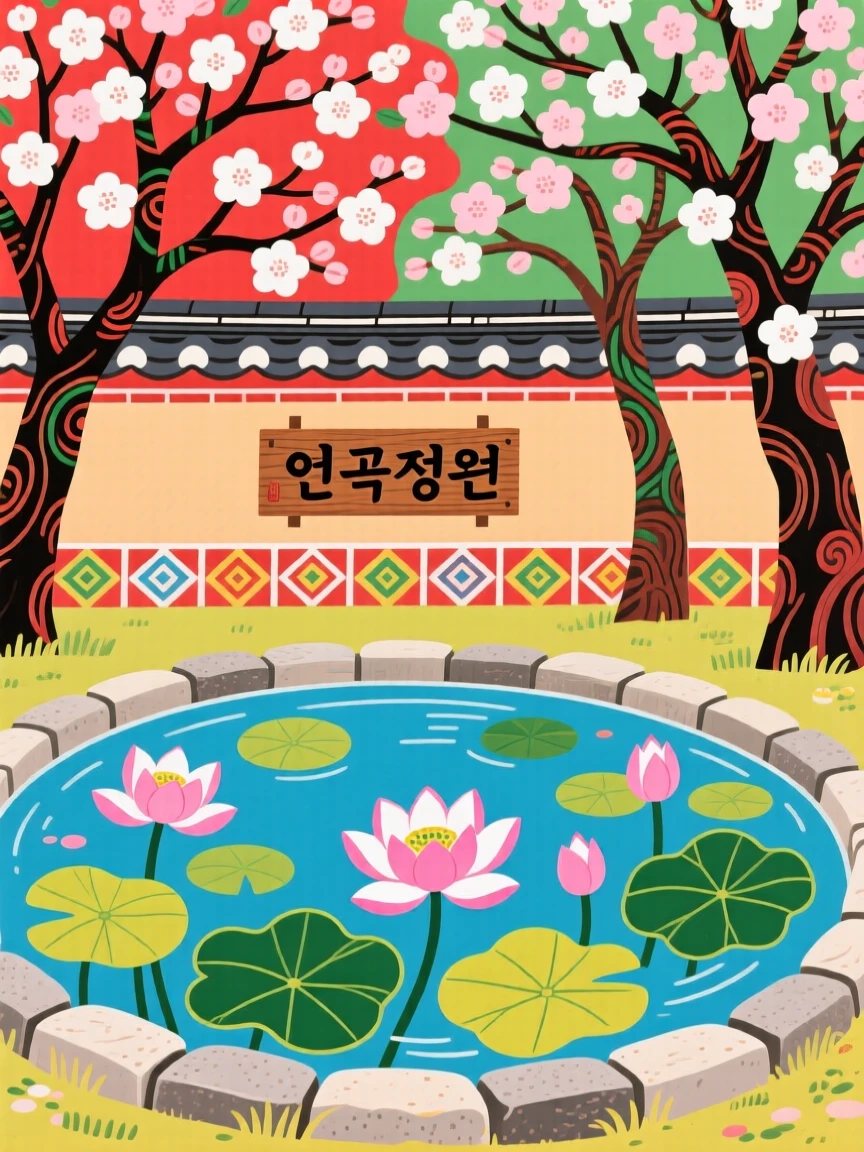 A view of a walled garden with a lotus pond, under a canopy of blossoming trees.