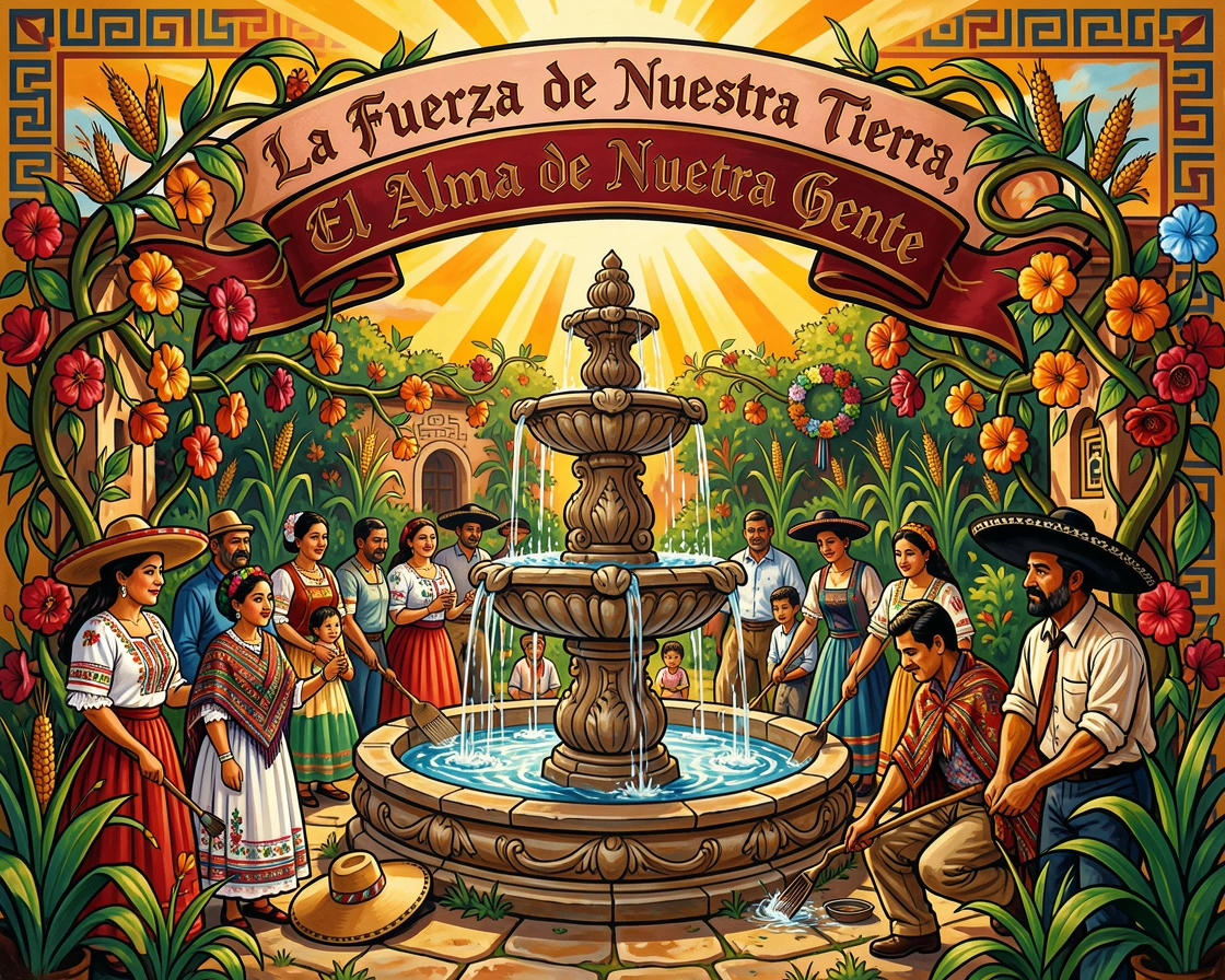 A courtyard garden with a central fountain and blooming vines