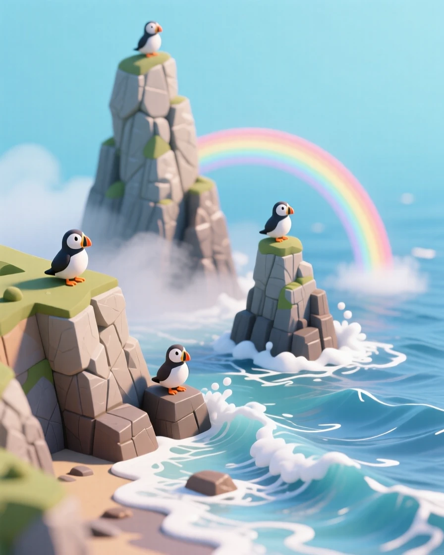 A rugged coastline with sea stacks rising from crashing waves, puffins nesting on the cliffs, and a rainbow forming in the ocean spray.
