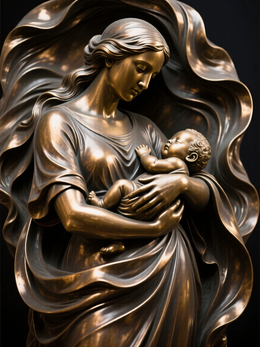 A mother cradling her newborn, with intricate, flowing drapery, forming a strong central focal point