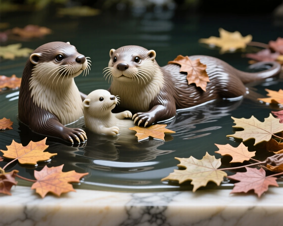 A striking close-up of a family of otters floating together, full of life and grace, surrounded by autumn foliage