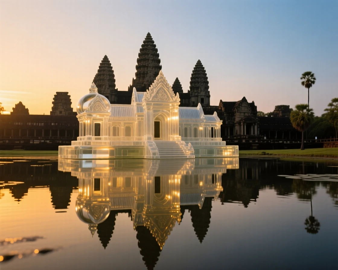 Angkor Wat reflected in a still pond, viewed from a dramatic low angle under a vivid sunset sky, warm golden light highlighting every architectural detail, awe-inspiring and grand.