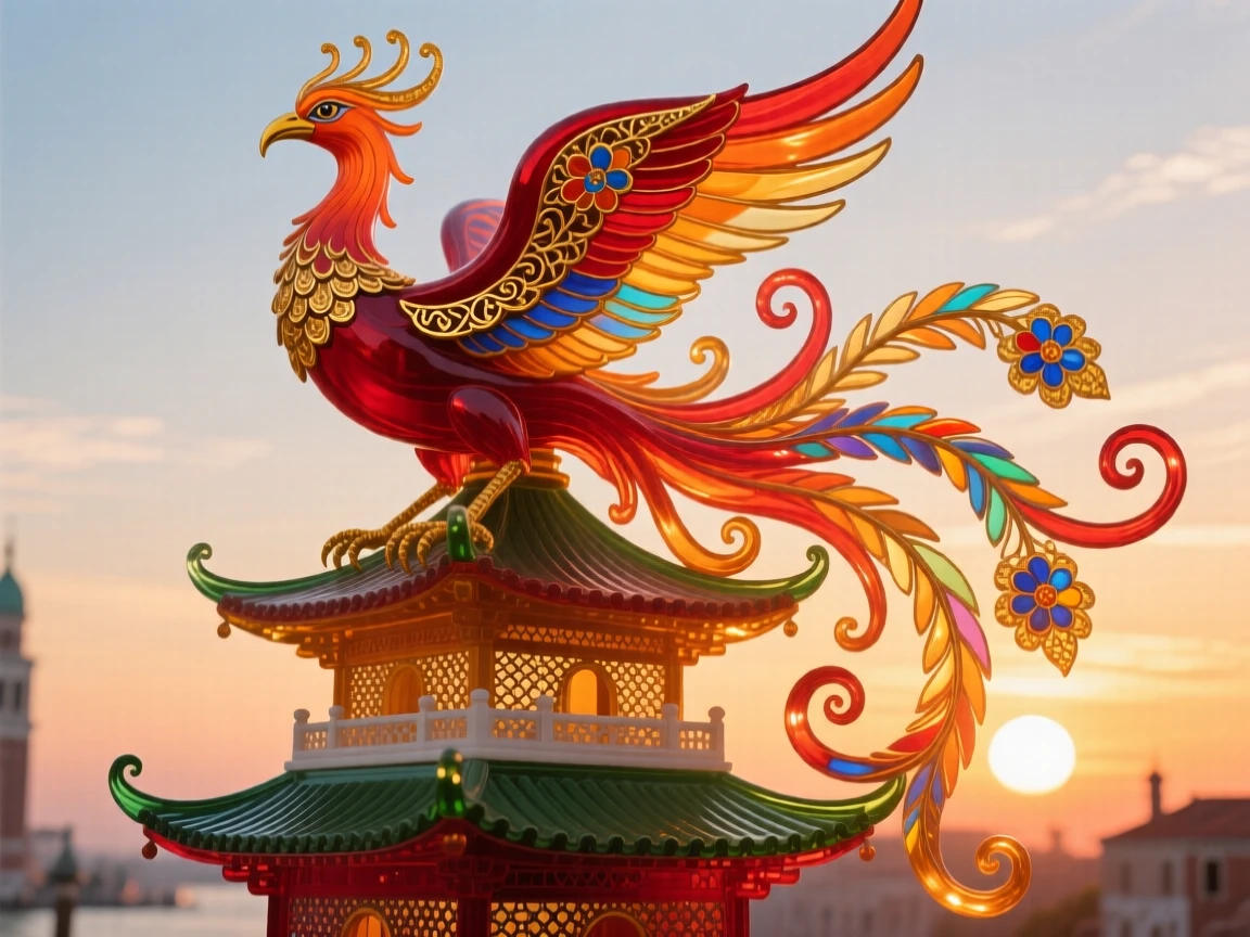 A phoenix perched atop a temple pagoda at sunrise, sacred and serene.