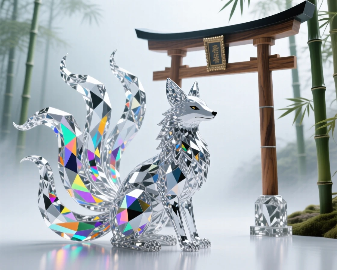 A kitsune with nine flowing tails sitting beside a shrine gate in a misty bamboo forest.