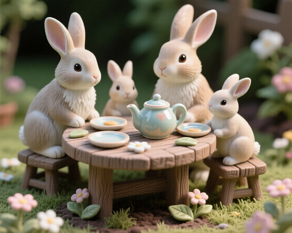A rabbit family gathered around a garden table gathered together in a heartwarming tableau, set within a cozy, detailed miniature world, conveying pure, heartwarming whimsy.