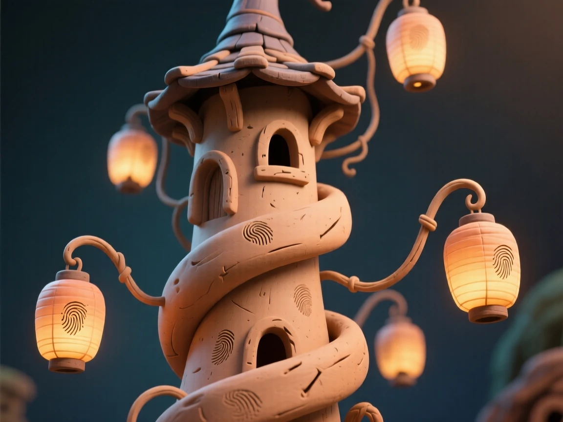 A wizard's tower spiraling upward, wrapped in floating lanterns