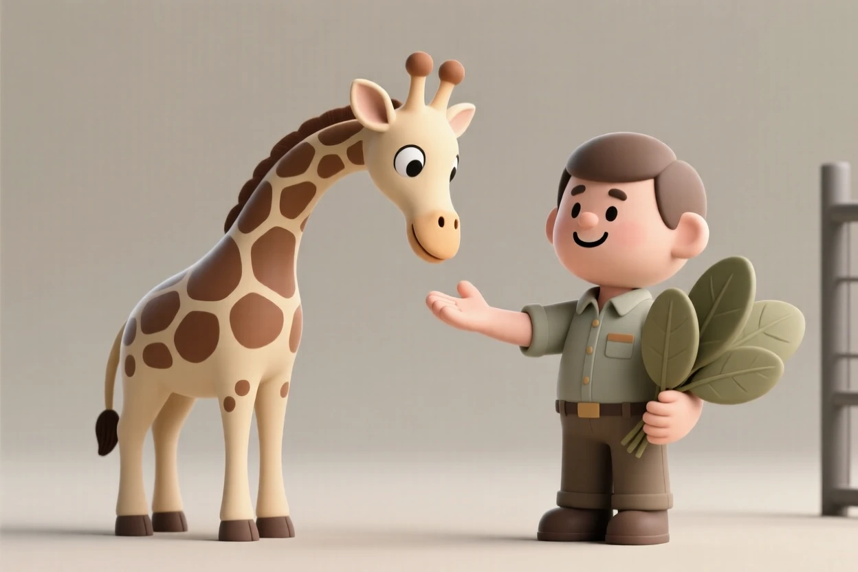 A gentle giraffe bends its long neck down to nuzzle a smiling zookeeper offering a handful of leaves.