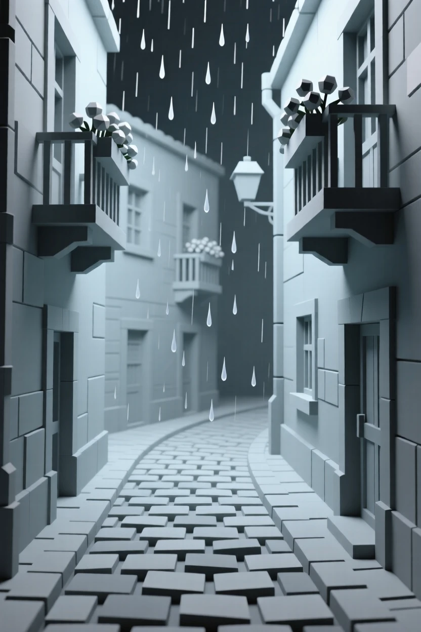A quiet cobblestone alley lined with flowering balconies, under a gentle evening rain. fine architectural details are rendered with clarity. The place feels steeped in history.