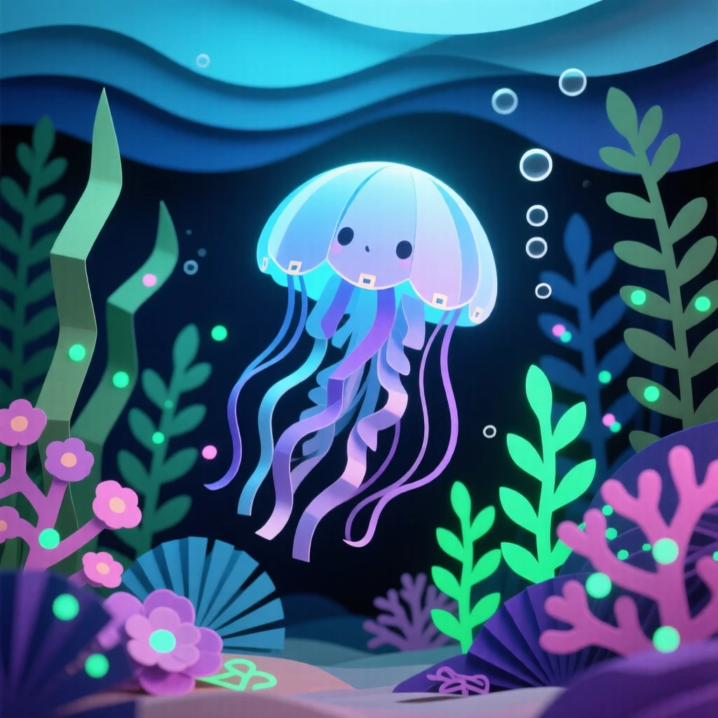 A tiny round jellyfish creature glowing softly as it drifts through a bioluminescent underwater garden, evoking serene wonder.