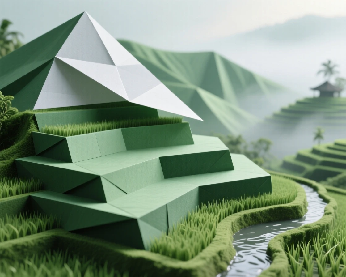 Bali's terraced rice paddies cascading down a lush green hillside under morning mist.