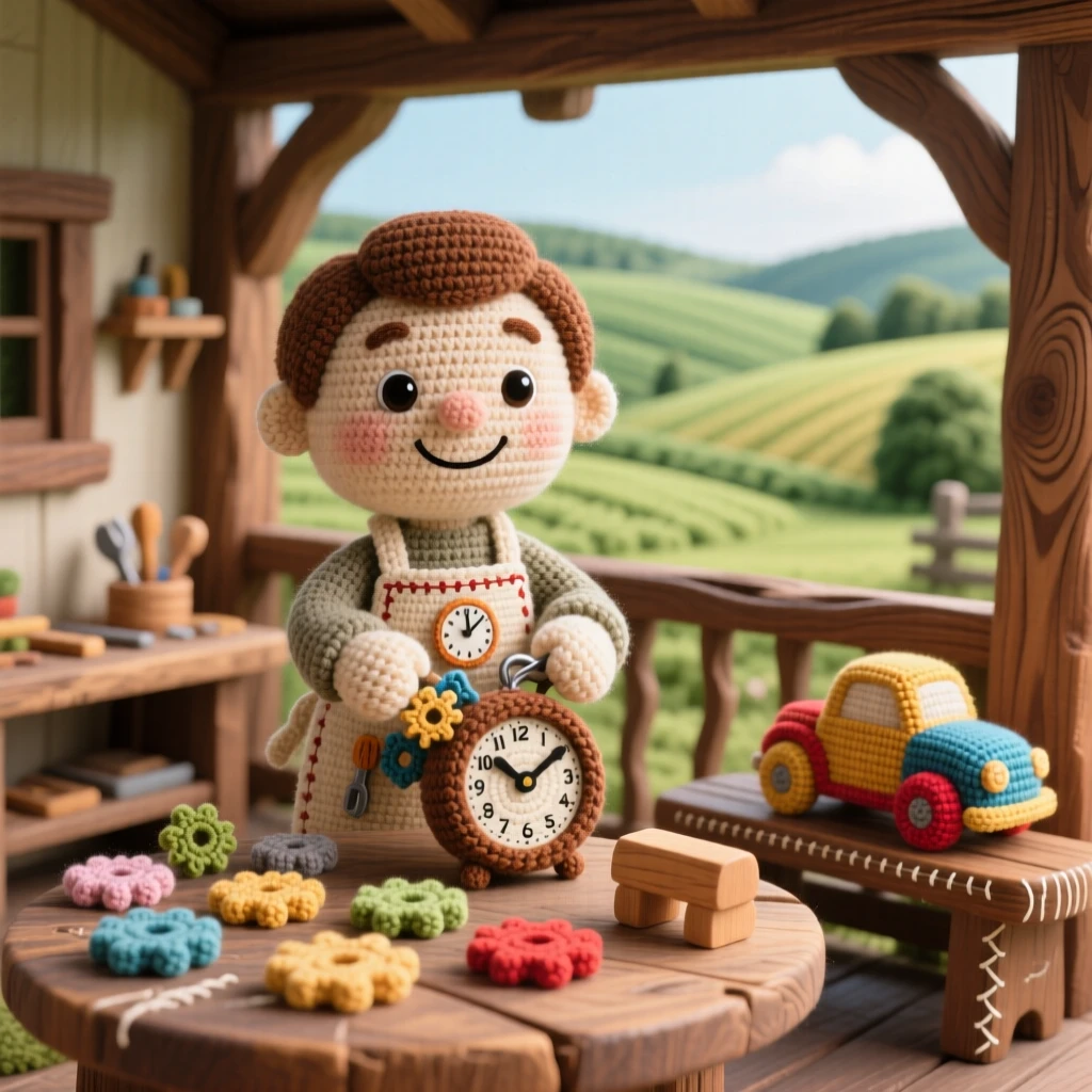 a cheerful clockmaker, with tiny gears scattered across the workbench, adjusting the hands of a small clock, in a rustic farmhouse porch overlooking rolling fields, with a small wooden toy left on a bench nearby, conveying quiet contentment in simple daily work.