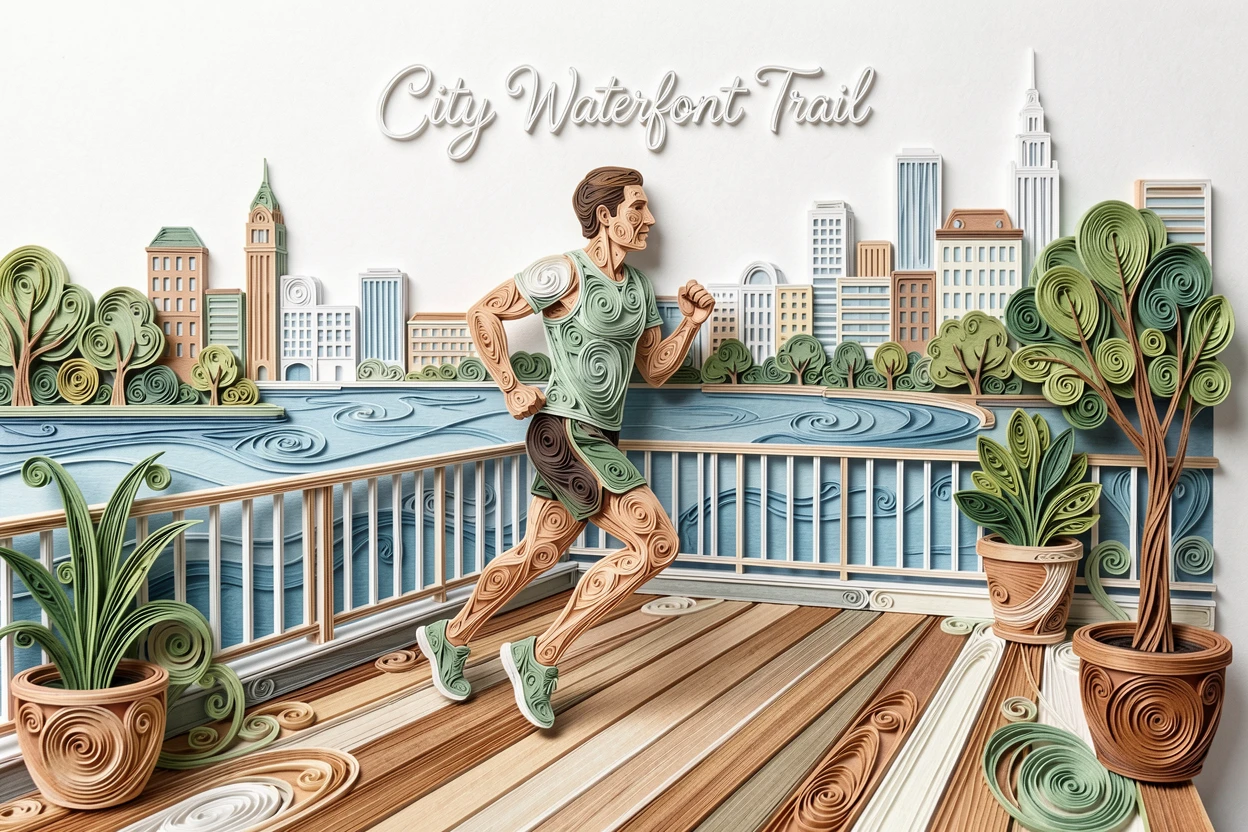 A relaxed modern lifestyle scene of a runner jogging along a scenic city waterfront on a sunlit city rooftop terrace, in a fresh palette of white, sage green, and warm wood tones, arranged with a relaxed, candid, lifestyle feel.