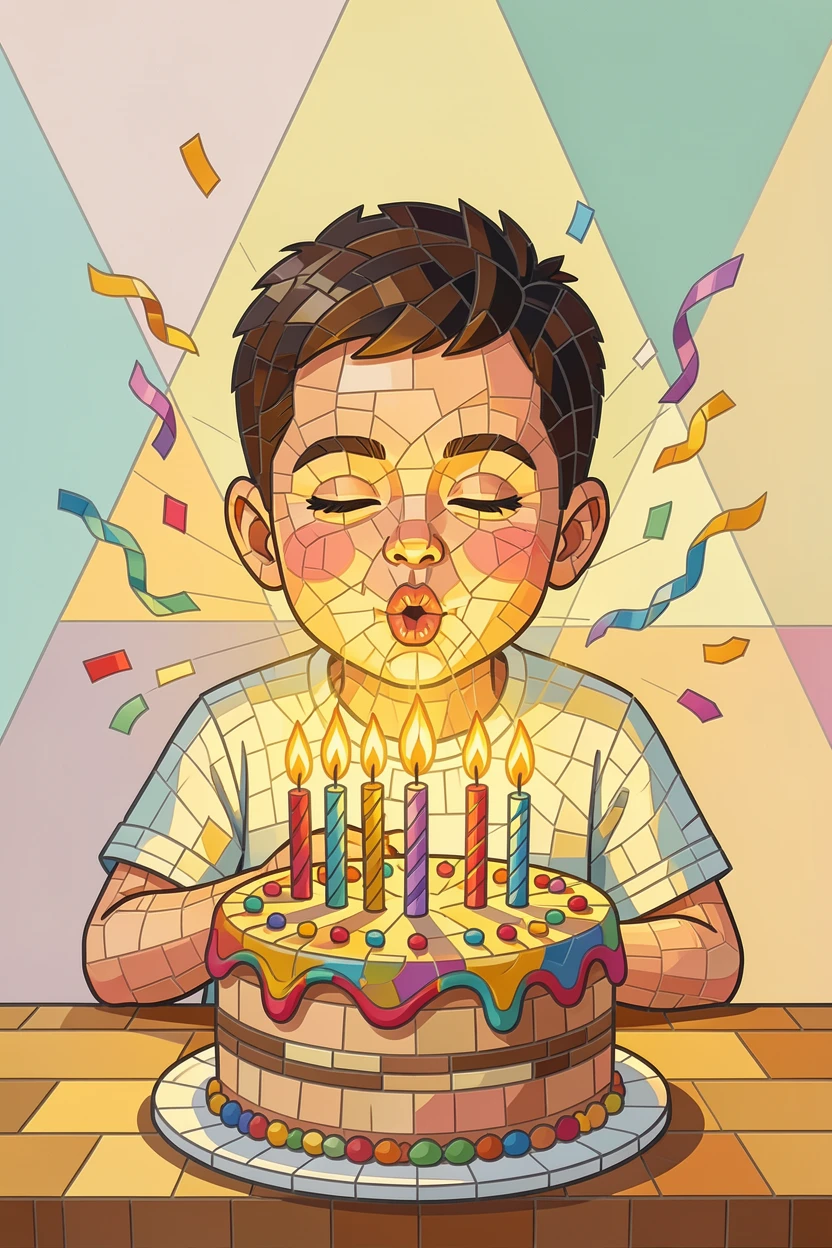 A birthday celebration with a child blowing out candles on a colorful cake, filled with warm light, motion, and joyful energy.
