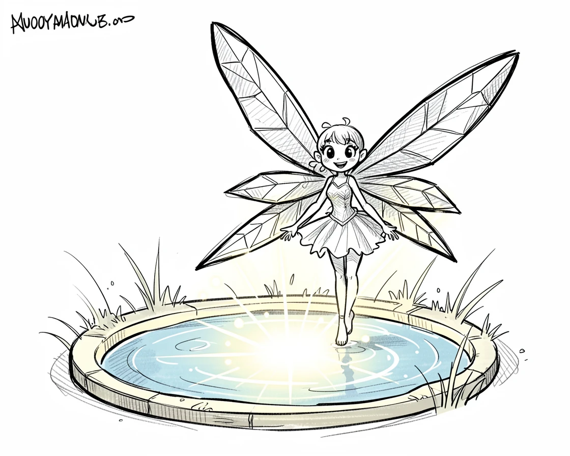 A crystal-winged dragonfly fairy beside a glowing magical pond.