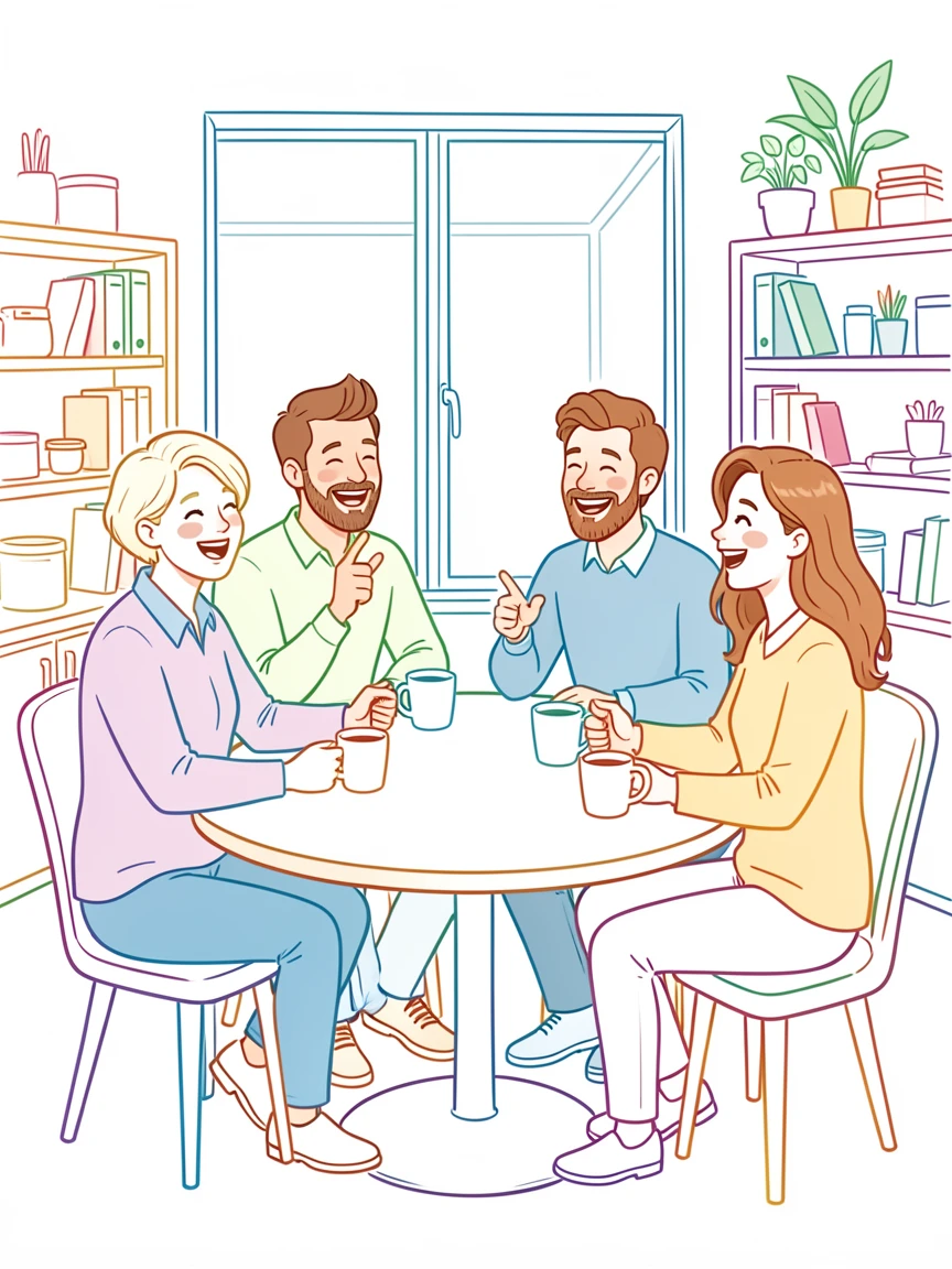 A group of coworkers sharing a laugh around an office break room table.