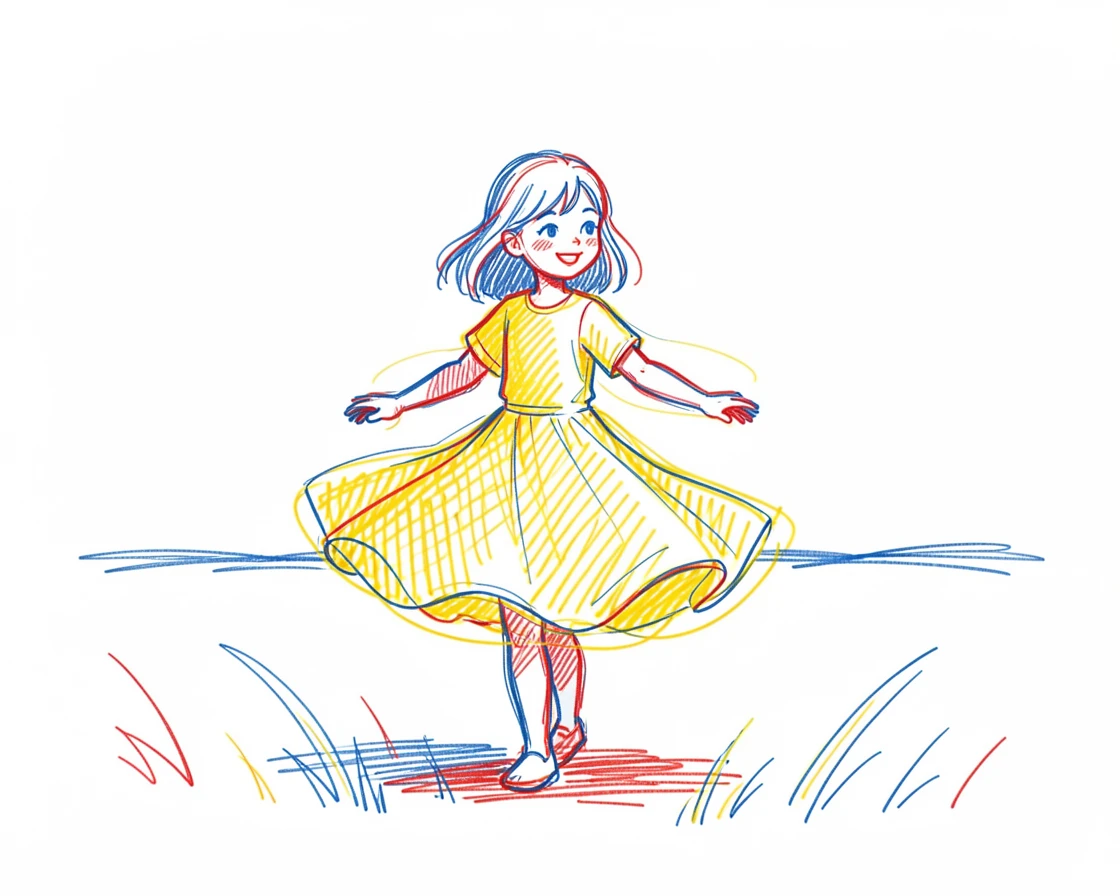 A young girl twirling in a bright yellow dress in an open field