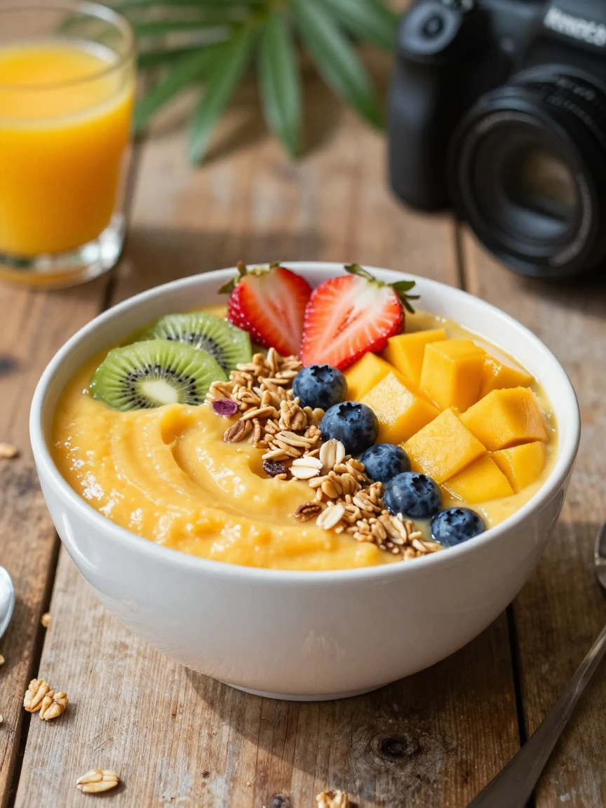 A tropical smoothie bowl topped with fresh fruit and granola