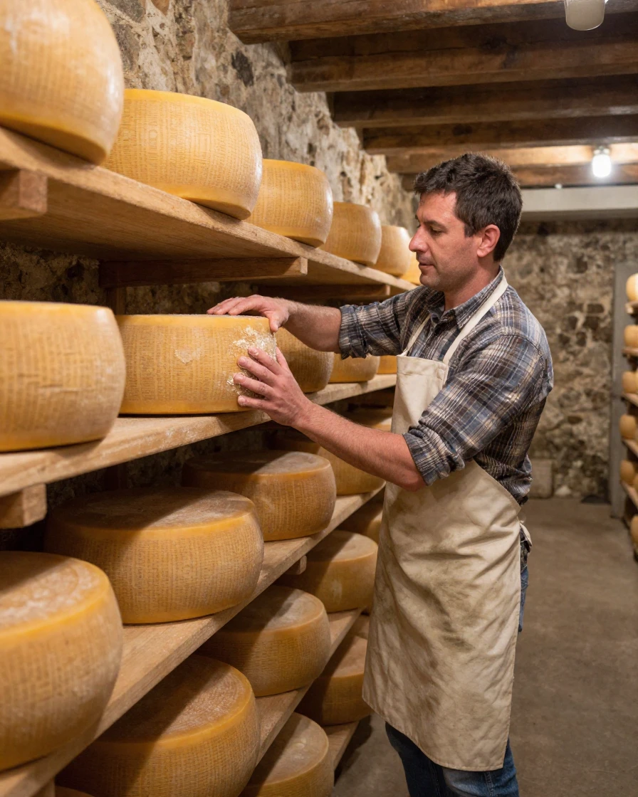 A cheese cellar worker flips wheels of cheese one by one along long wooden shelves.