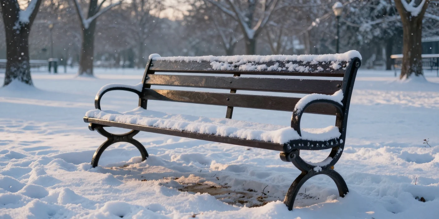A single park bench, blanketed in a fresh layer of snow, quiet and still