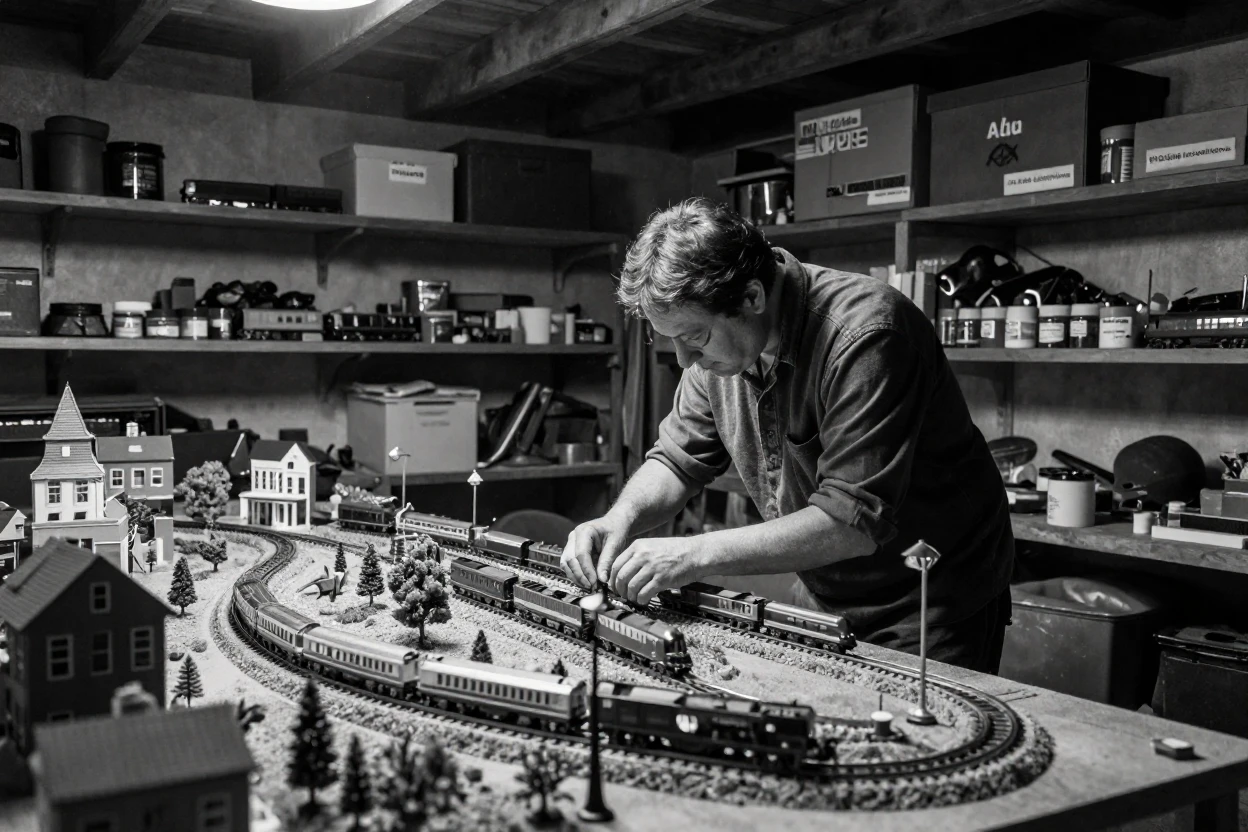 A model train enthusiast arranges tiny tracks through a miniature town in a converted basement studio.