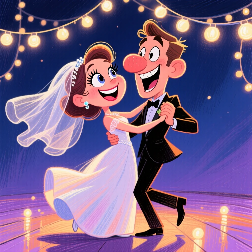 A bride and groom sharing their first dance under a canopy of string lights.