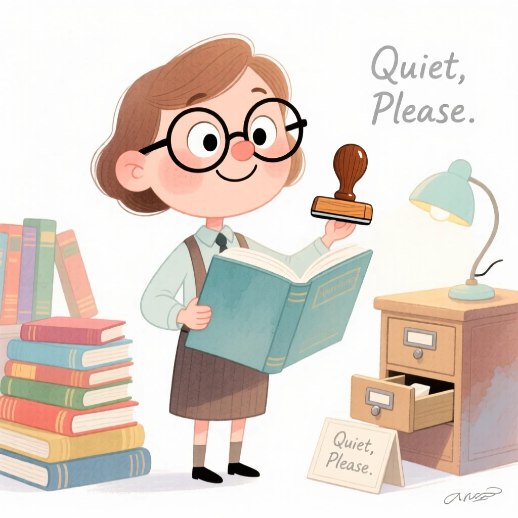 A librarian posing with the instruments of their craft