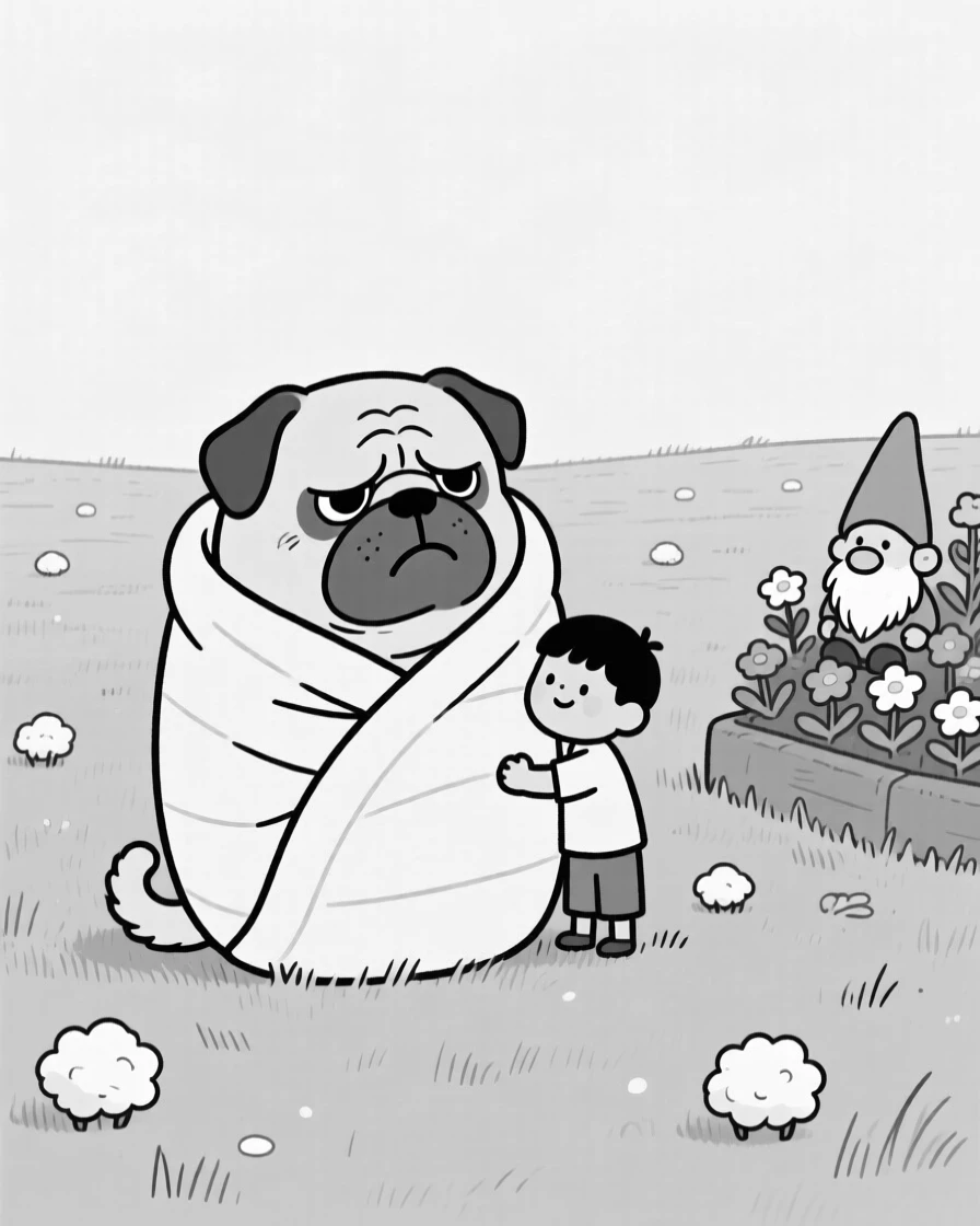 A grumpy-looking pug wrapped in a blanket burrito, leaning its whole body weight against a tiny human, set in a pasture freshly dotted with wool tufts. A garden gnome watches from the flower bed. The scene captures unconditional, goofy love.