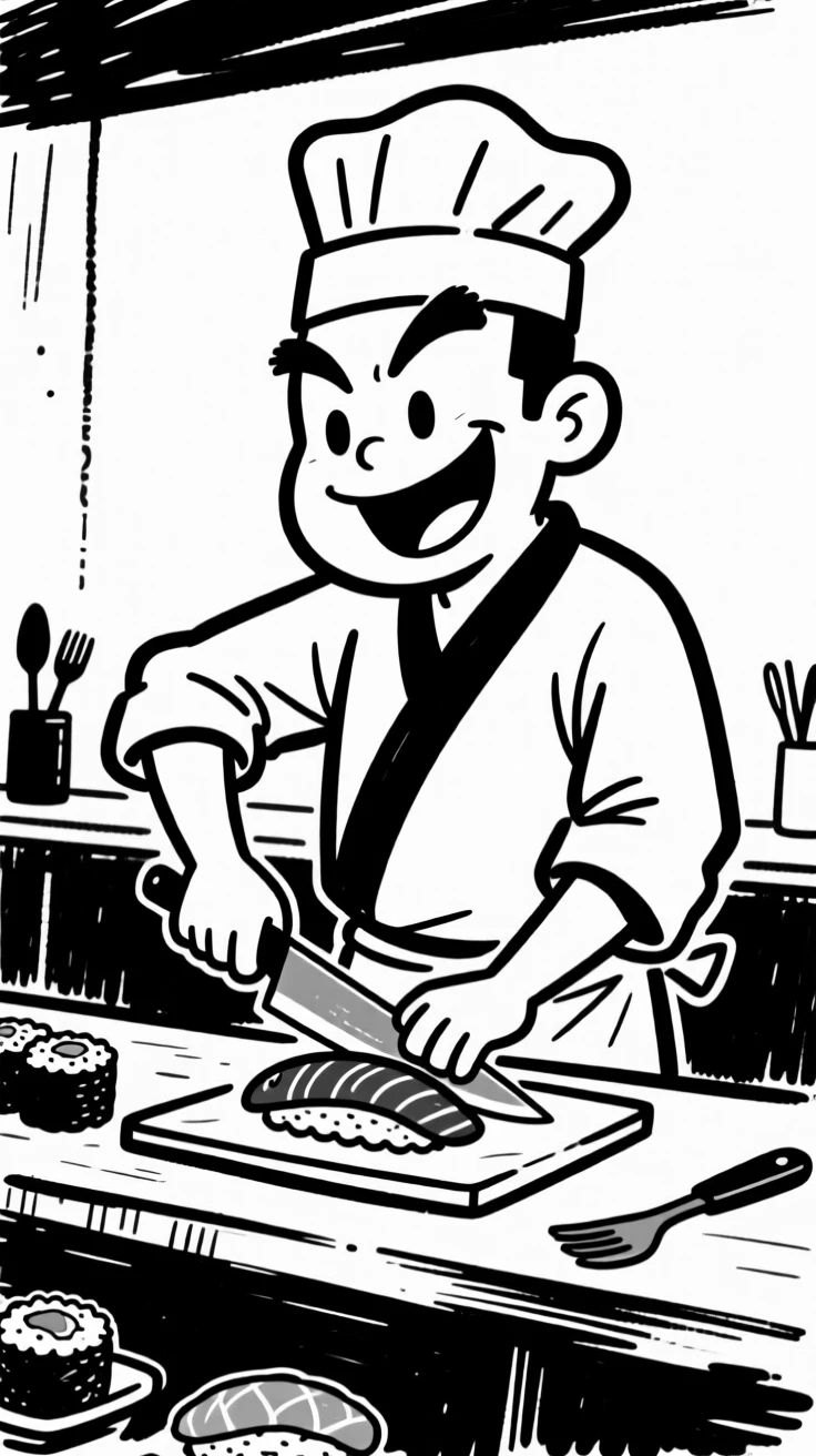 A sushi chef expertly slicing fresh fish behind a sushi bar counter.