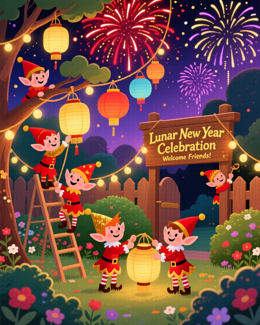 A group of cheerful elves spend the evening hanging paper lanterns for a Lunar New Year celebration in a lantern-strung garden, with fireworks bursting in the sky above.