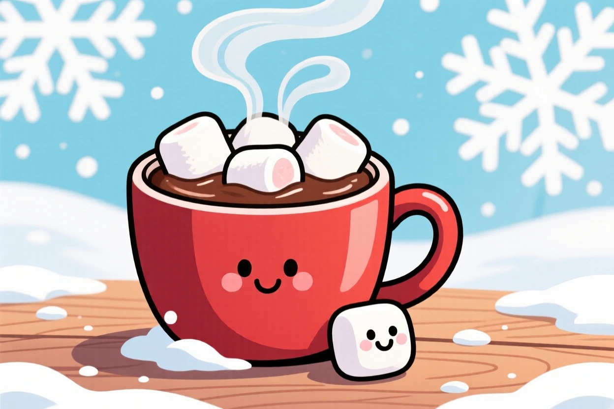 A cup of hot chocolate topped with marshmallows on a snowy day.