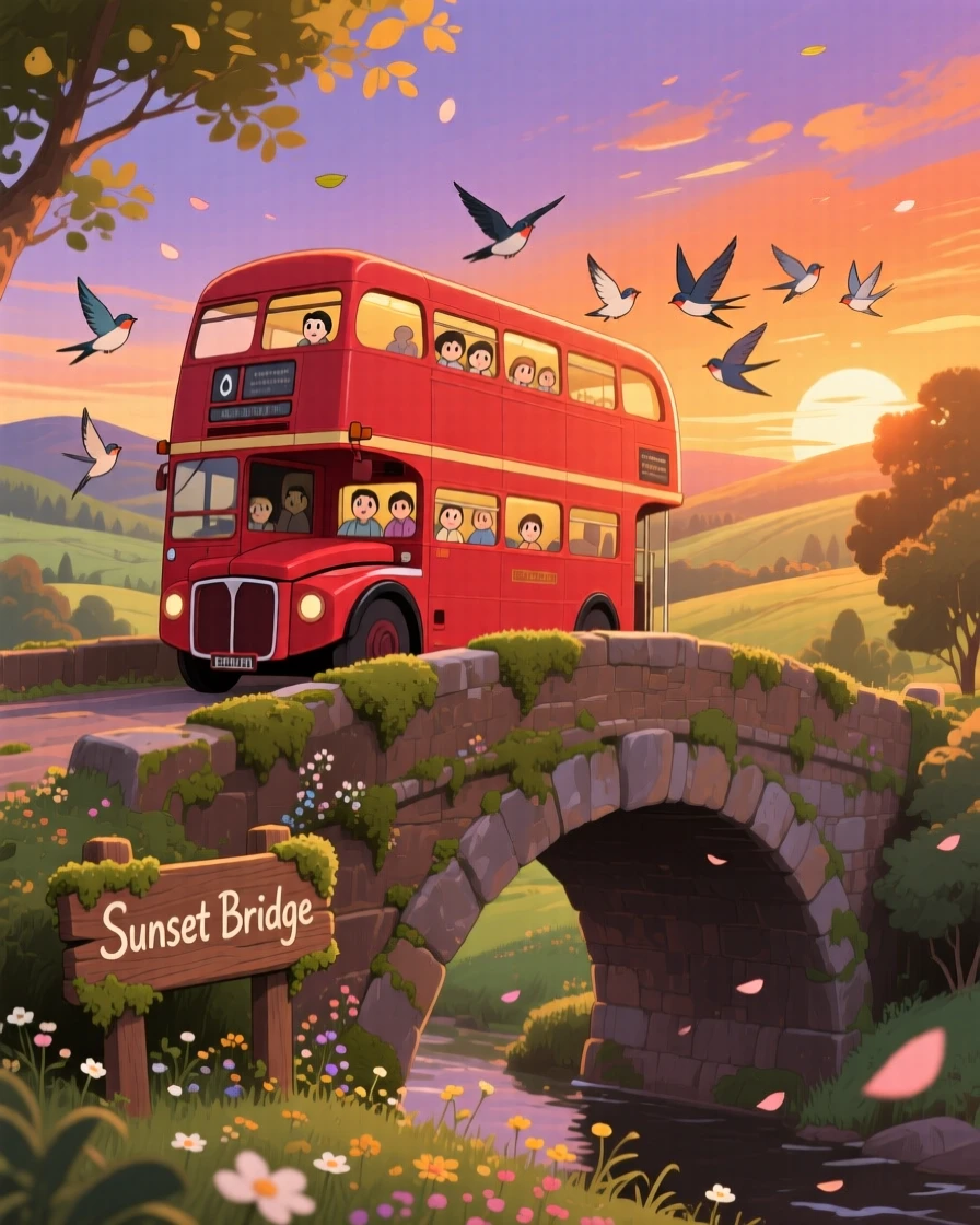 A charming scene of a red double-decker bus crossing a bridge at sunset, as birds fly alongside it.