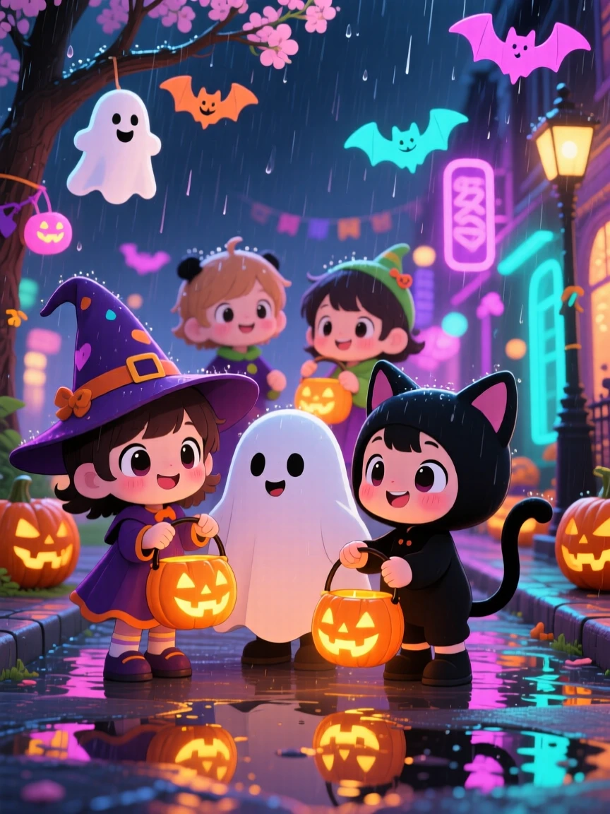 In a spooky-cute decorated street, children in costumes are trick-or-treating with glowing pumpkin buckets during a gentle spring rain shower, bathed in neon-lit glow, expression full of warm affection. Shot as a close-up portrait.