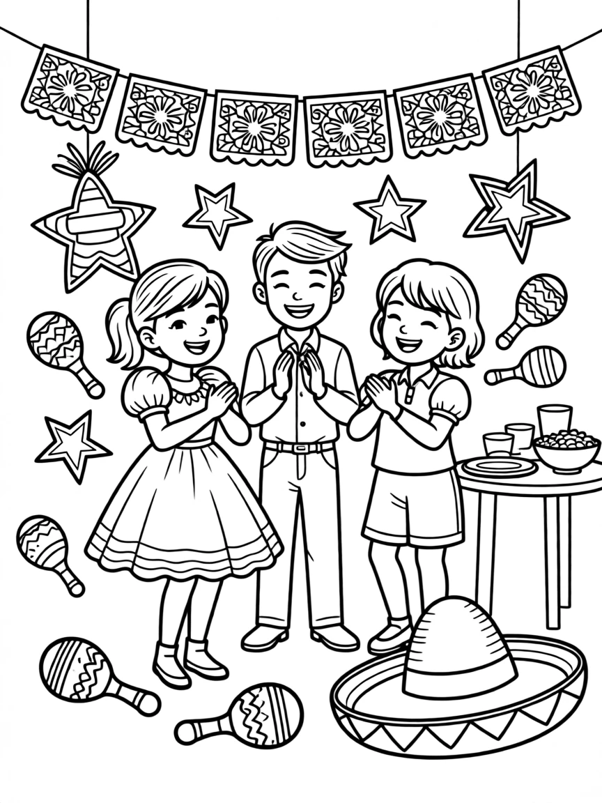 A Cinco de Mayo fiesta with papel picado banners