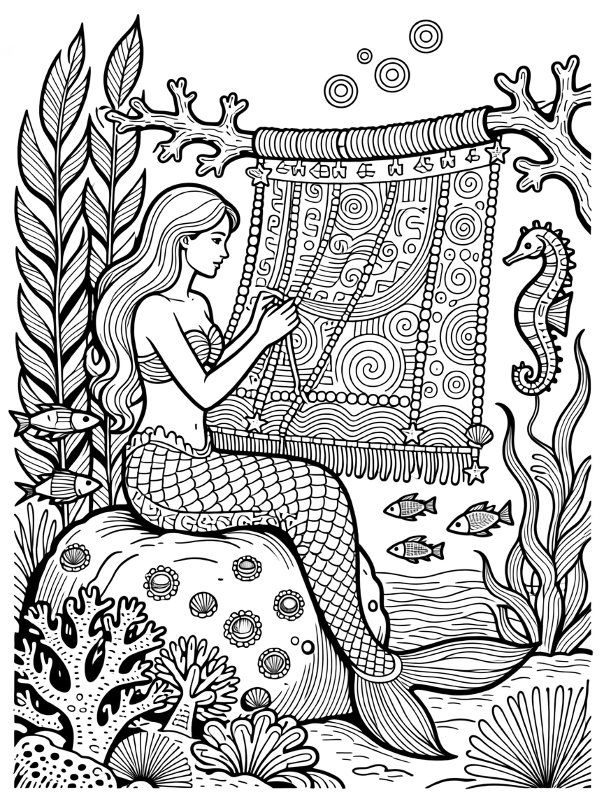 A mermaid weaving a tapestry from strands of seaweed and pearls.