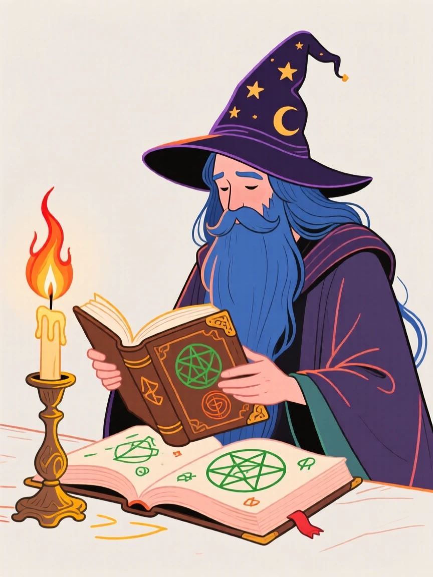 A wizard reading an ancient spellbook by candlelight.