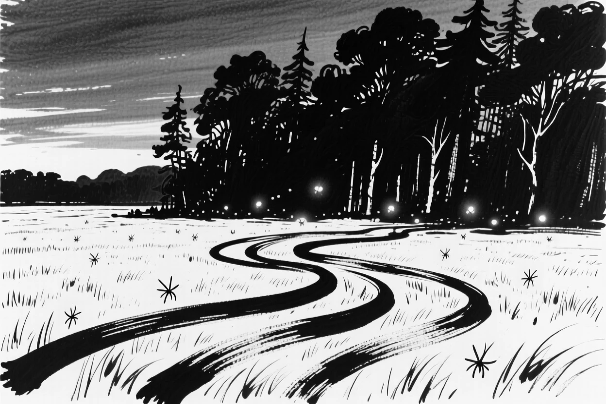 A quiet field of fireflies glowing at twilight beside a dark forest.