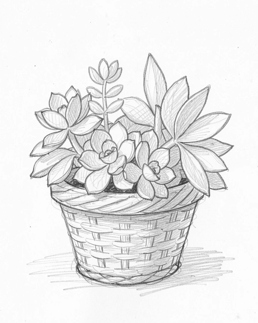 A potted succulent arrangement in a woven wicker basket, glowing softly in the late afternoon light.