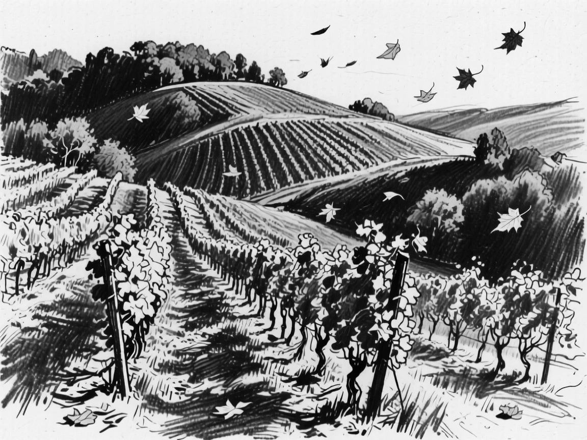 A rolling vineyard hillside as autumn leaves drift on a gentle breeze.