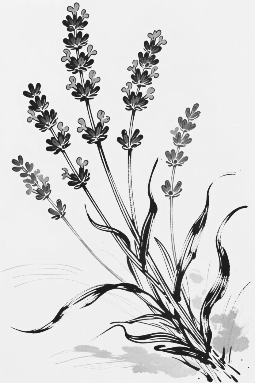A cluster of lavender stalks swaying gently in a summer breeze.