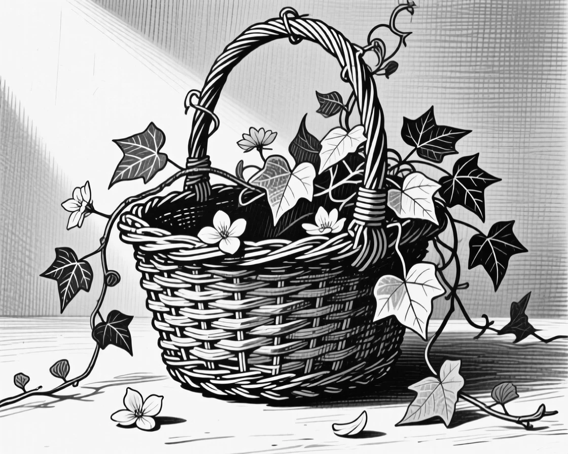 A trailing ivy vine spilling out of a wicker basket, with petals catching a beam of light, composed in a full of quiet beauty still-life arrangement.