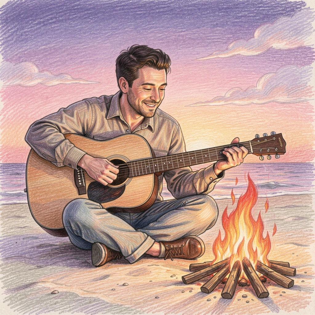 A musician playing guitar around a beach bonfire at sunset, with soft, natural lighting highlighting genuine emotion, celebrating everyday beauty and genuine emotion.