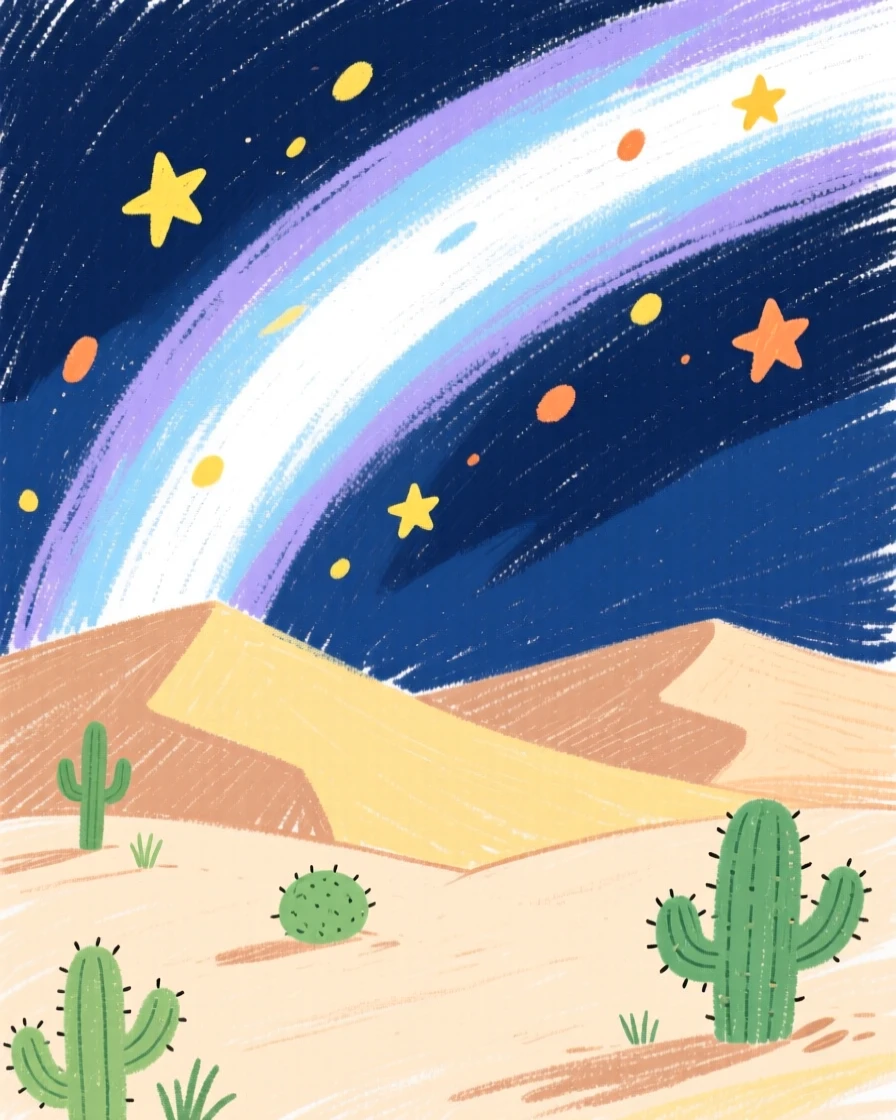 The Milky Way stretching brightly above a silent desert landscape.