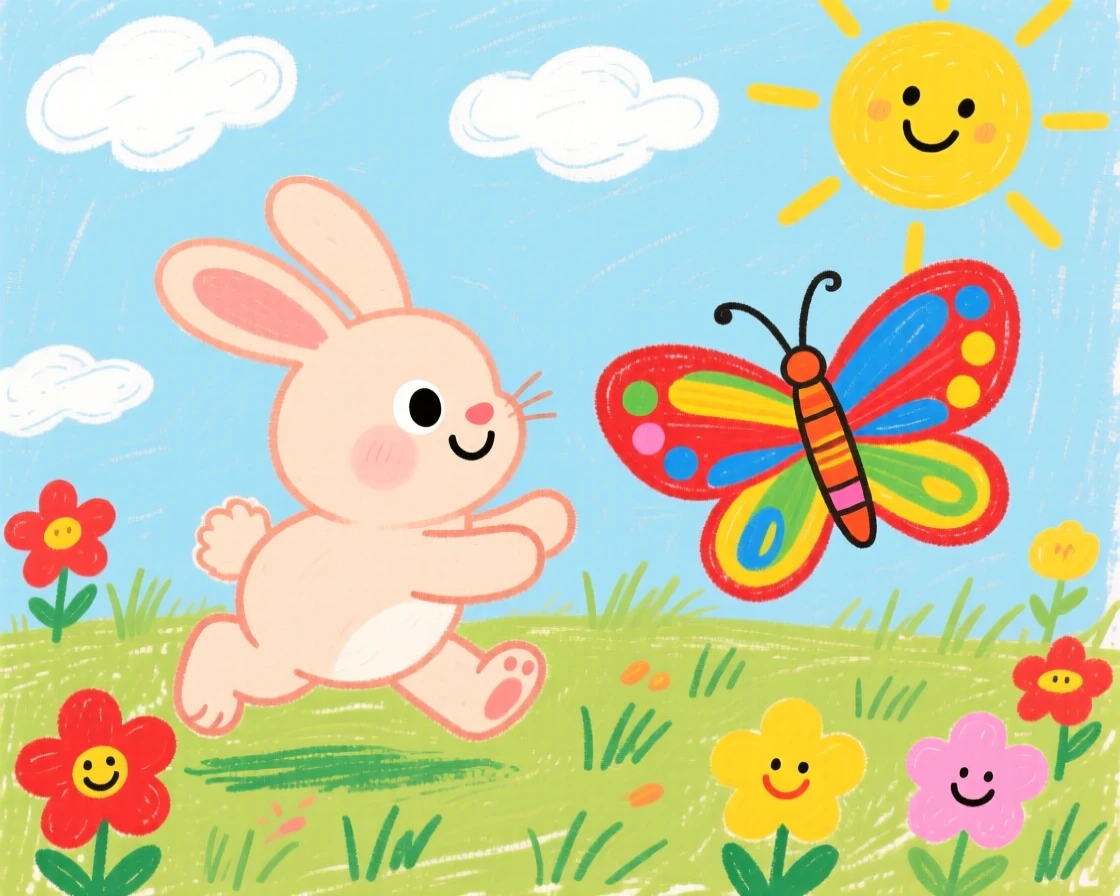 A soft baby bunny chasing a butterfly across a sunny field.