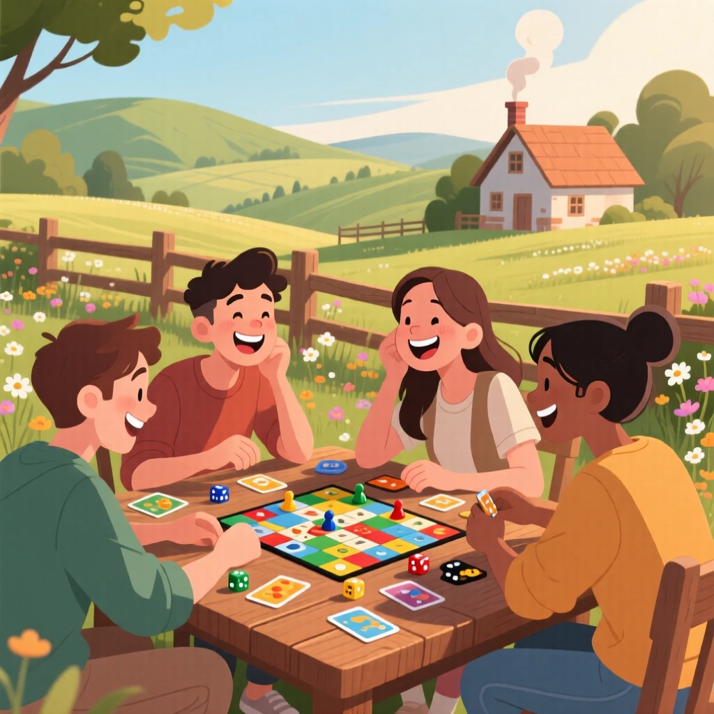 A group of friends playing board games around a cozy table, in a charming countryside setting, captured in a candid, joyful moment, with a sense of warmth and togetherness in every detail.